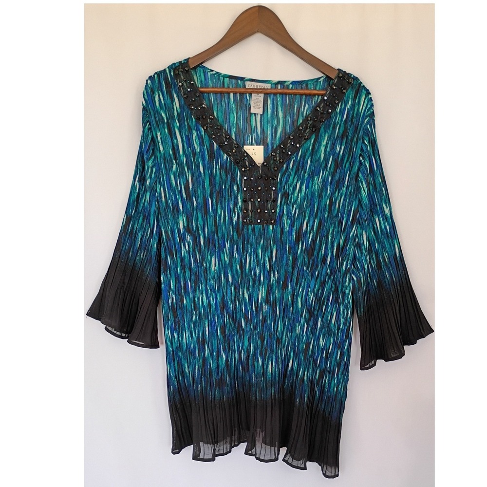 Catherines Womens 4X Tunic Top Blue Black Abstract Beaded V-Neck‎ Pleated Blouse